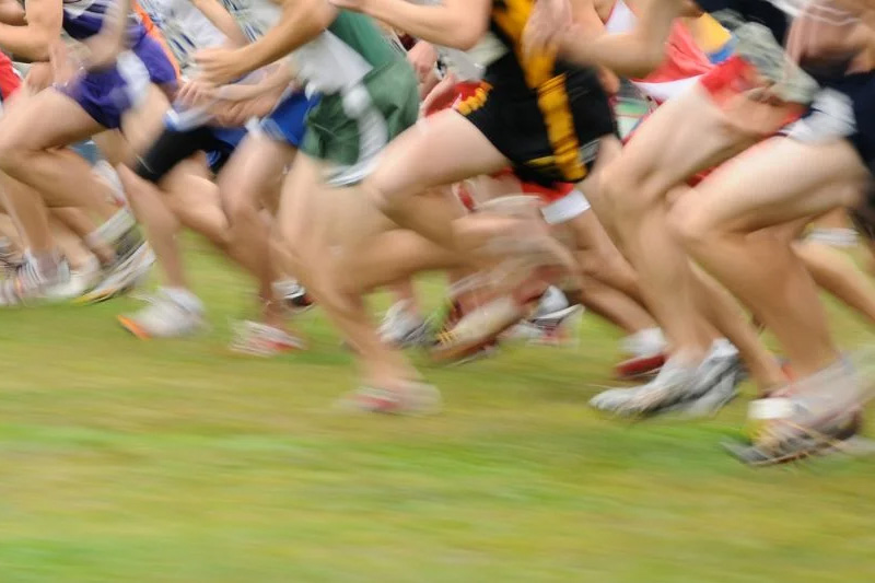 Feet of a large group of runners passing by on a field of grass.